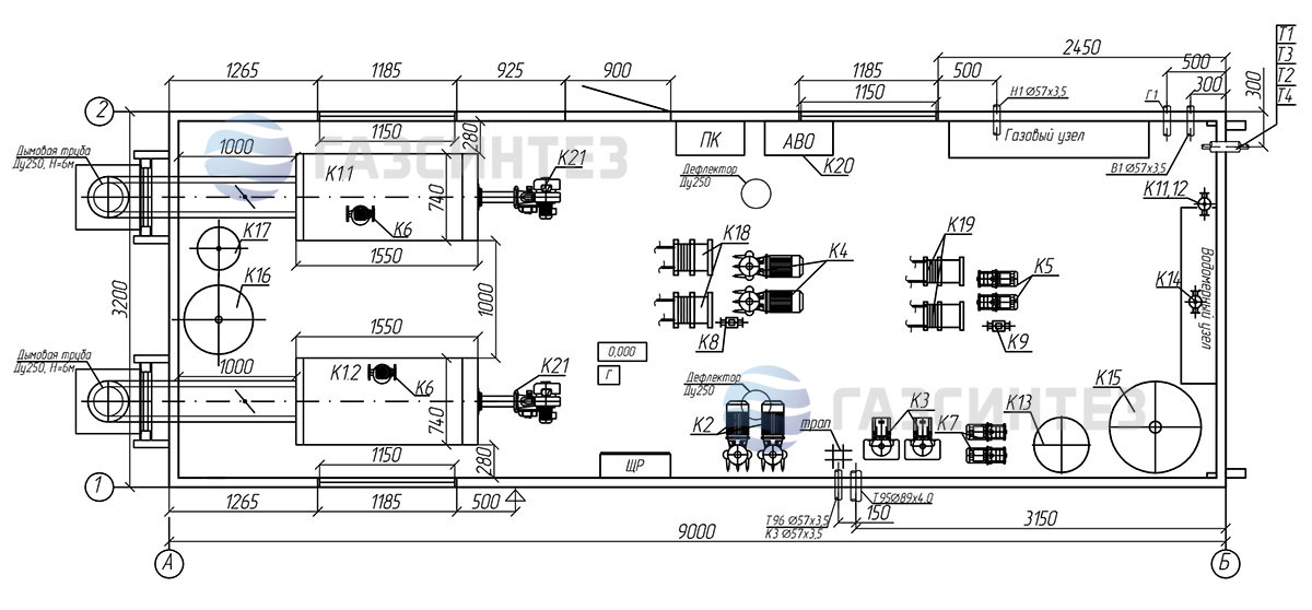 Компоновочная схема блочно-модульной котельной мощностью 350 кВт производства Завода ГазСинтез